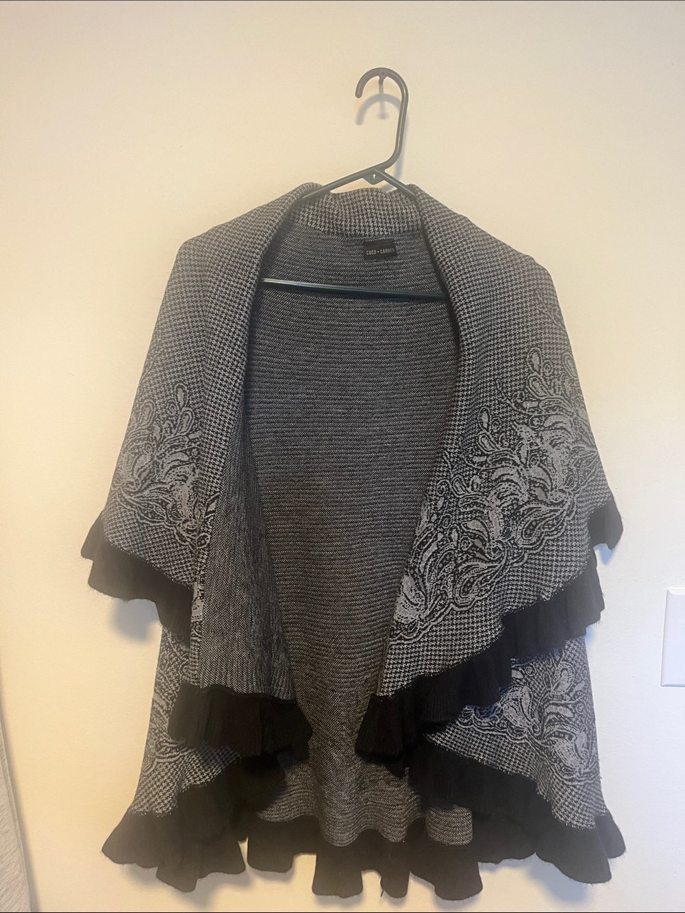 Coco + Carmen Grey and Black Open-Front Knit Poncho with Ruffle Trim